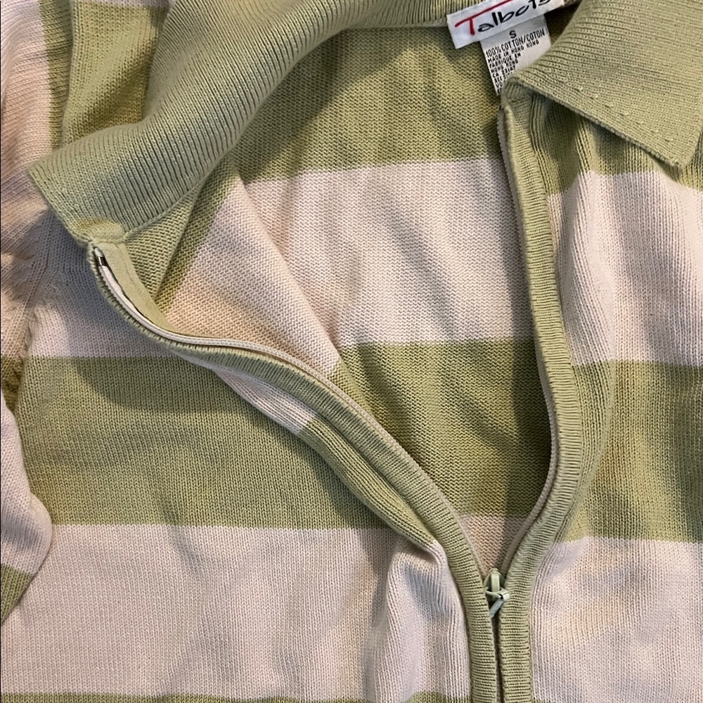Talbots Lime Green and Cream Striped Collared Zip Front Sweater - Picture 3 of 7